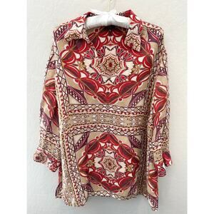 TALBOTS | Silk Linen Blend Boho Medallion Print Lightweight Tunic Blouse | 18W